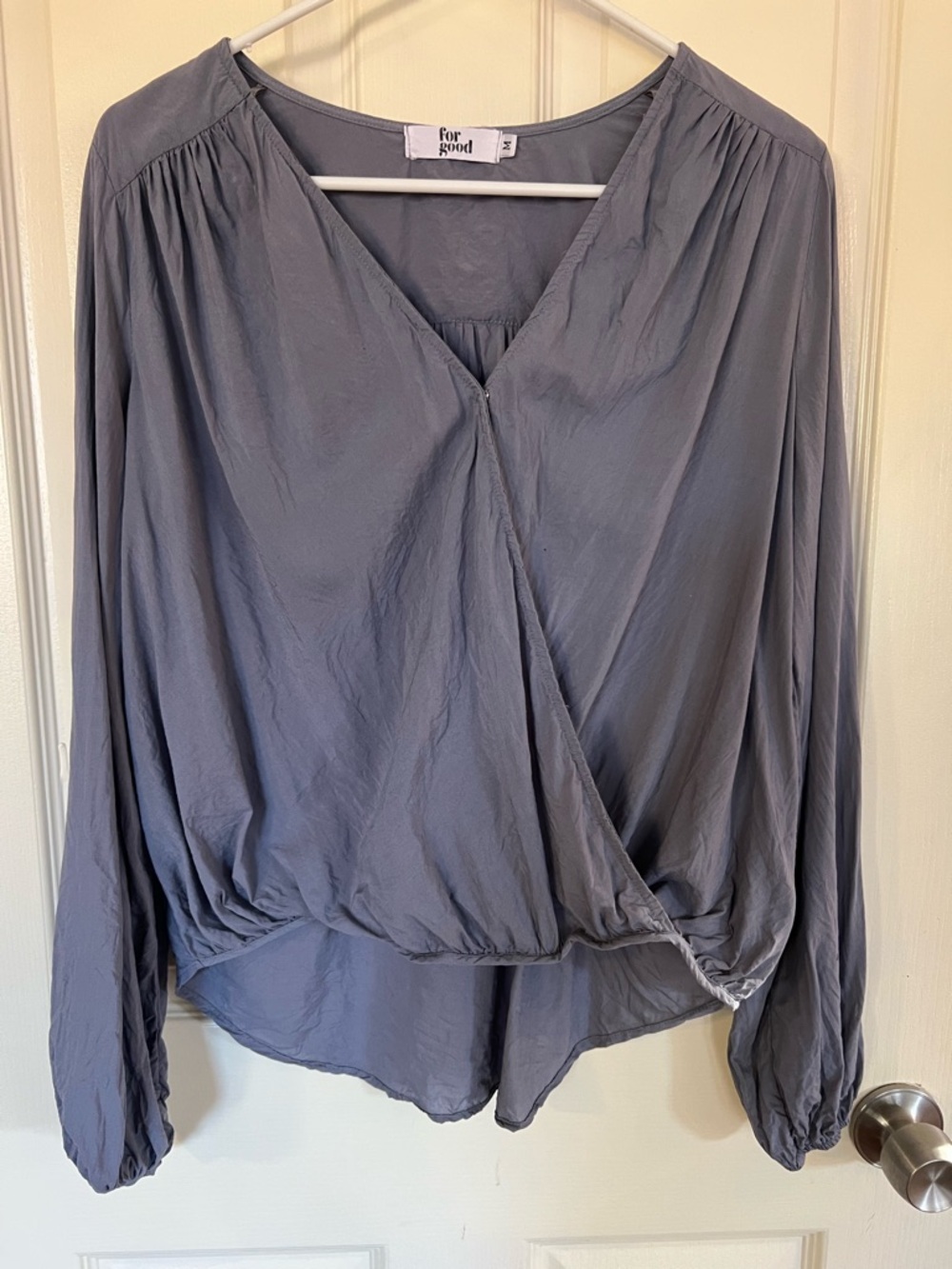 For Good Lyocell Wrap Blouse Gray Draped Surplice Long Sleeve Top Size M